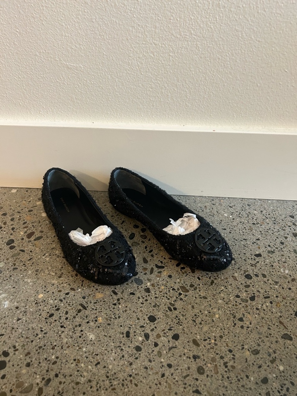 Tory Burch Black Sequin Flats with Logo Medallion